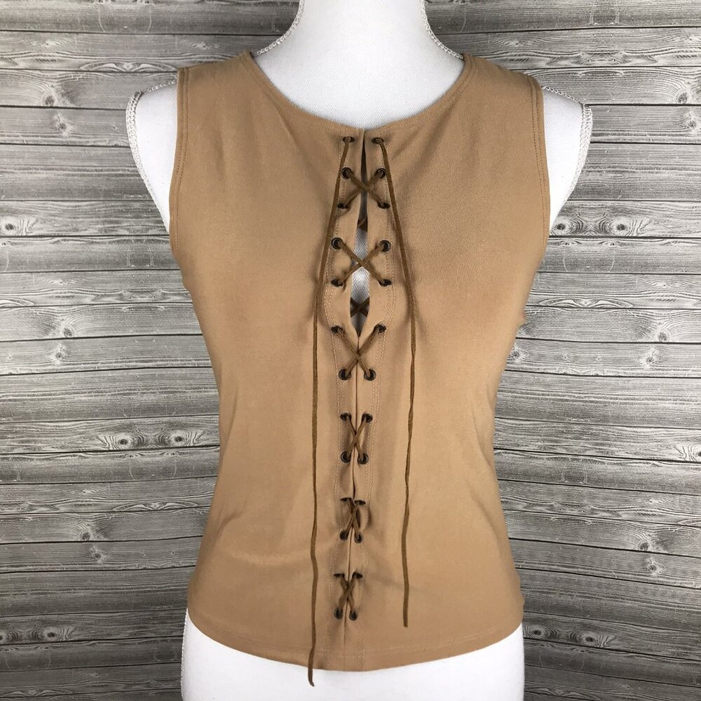 Y2K Womens Lace Up Front Tan Sleeveless Tank Top  Blouse 90s Cosplay READ